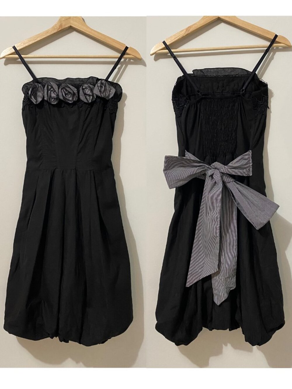 100% Cotton Black Mini Bubble Dress Striped Flowers Bow Cocktail Party Coquette